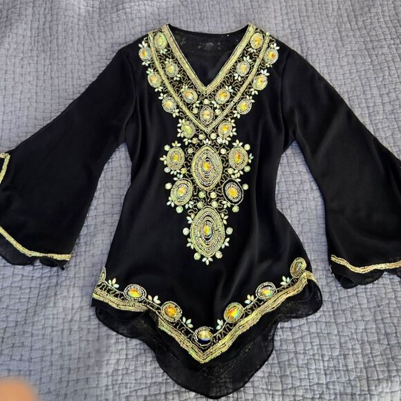 Embellished Black Sheer Tunic Cover-Up with Gold Accents - Picture 1 of 9